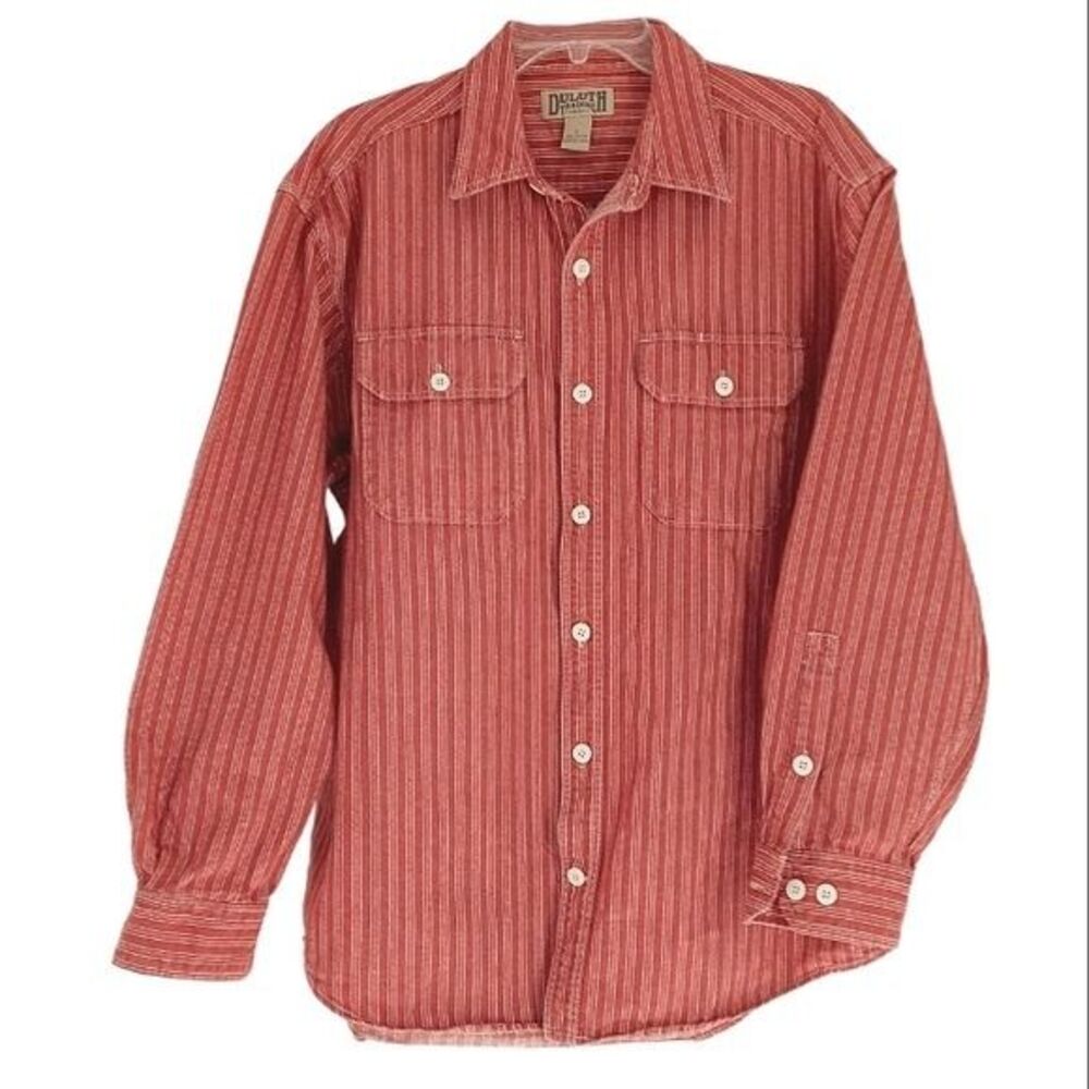 Duluth Trading Co. Button Up Shirt Men's L Salmon Striped Washed Rugged Outdoors